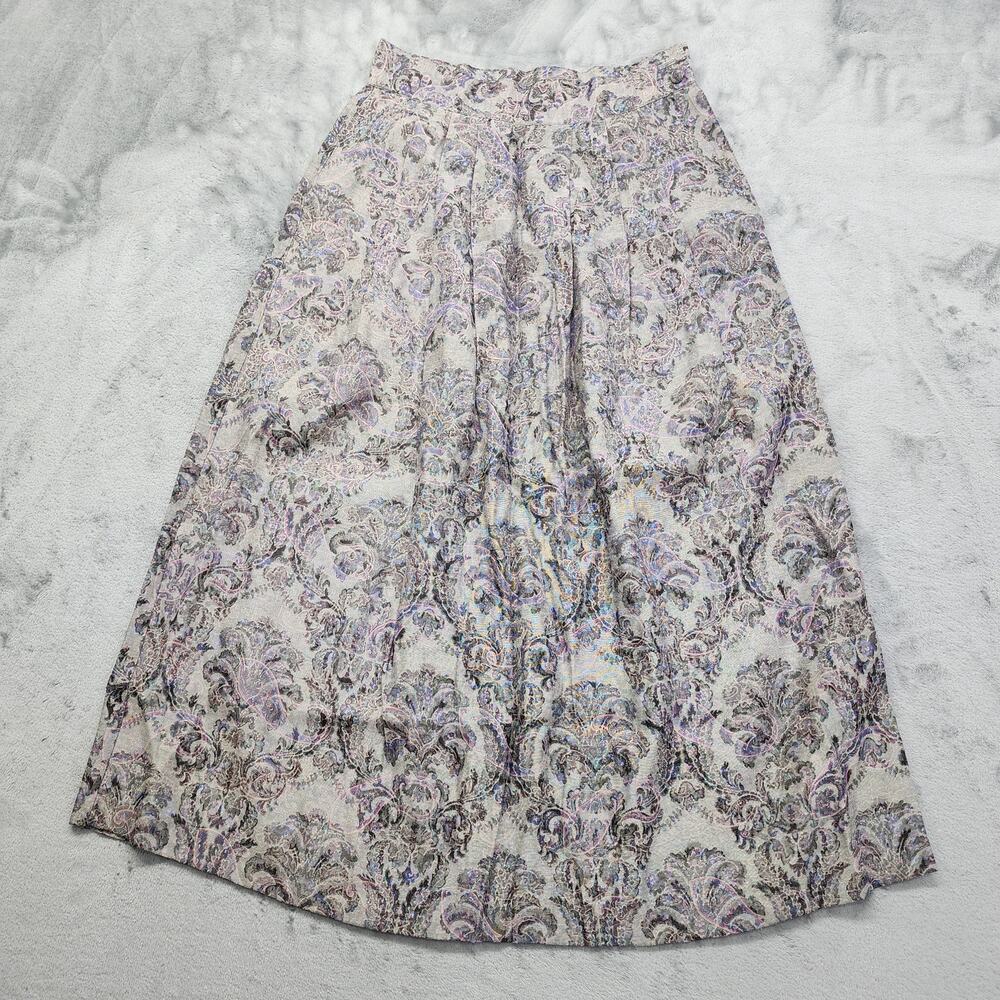 Vintage Michelle Stuart Floral Pleated Midi Skirt Size 8 Gray Colorful Pockets‎